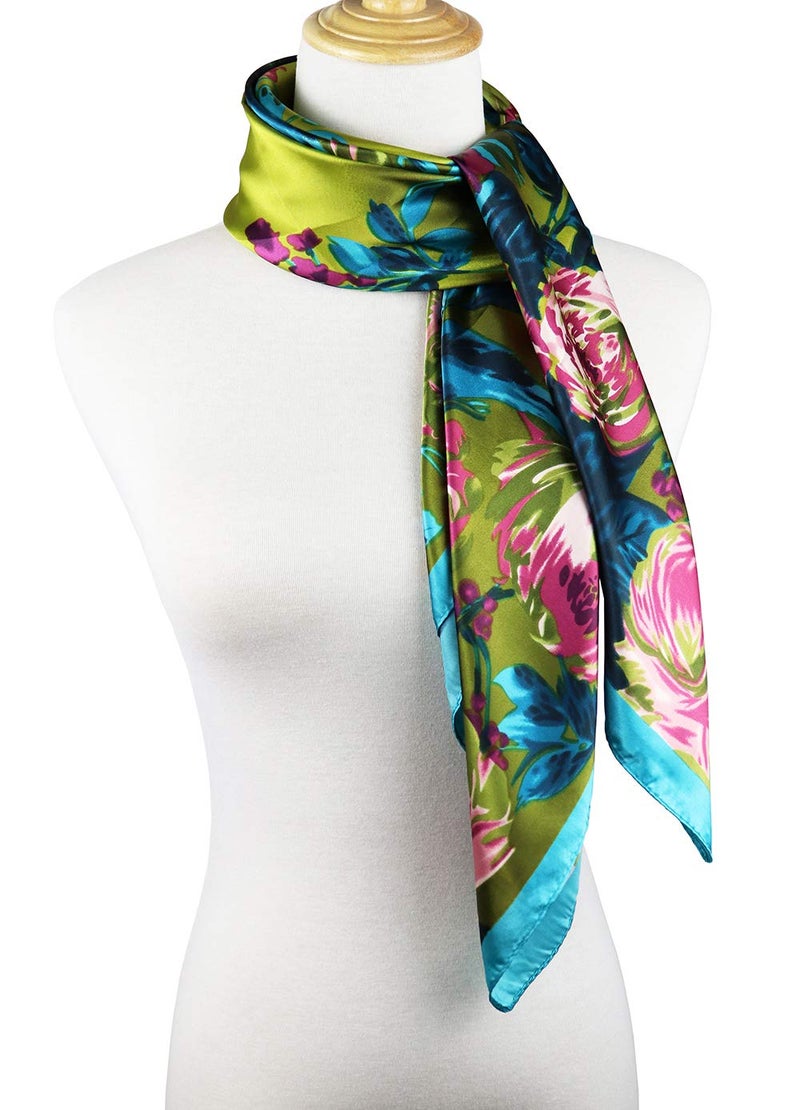 vabovin Women's 35" Satin Square Silk Like Hair Scarves and Wraps Headscarf for Sleeping (Green Pink Rose Flowers) - Image 4